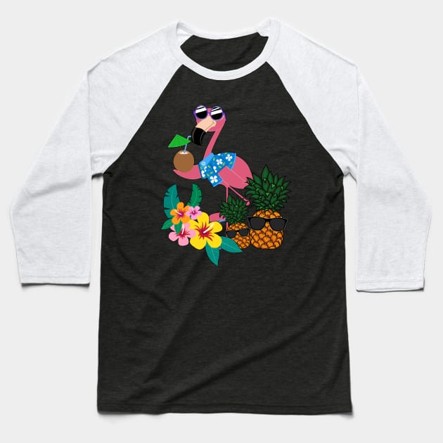 Cool Flamingo Pineapple Tropical Summer Baseball T-Shirt by Kaileymahoney